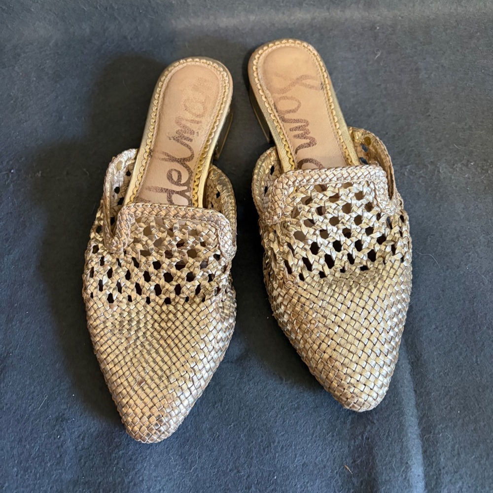 Sam Edelman Woven Mules Womens 8 Gold Boho Slides Sandel Metallic Cottage Core